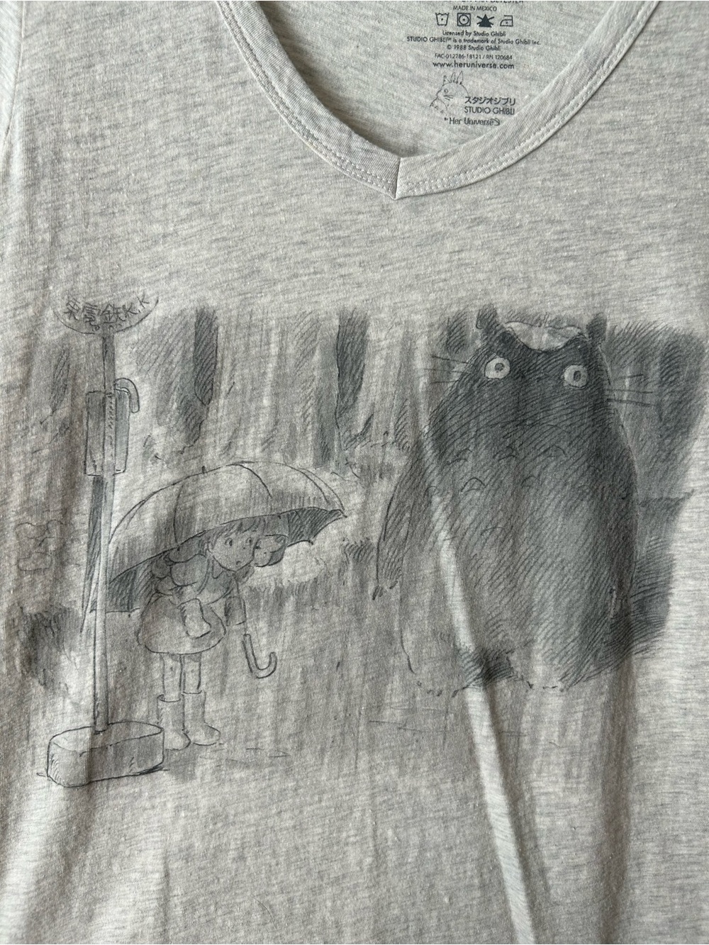 Heather Gray V-Neck Graphic Tee - Totoro Motif - Picture 2 of 7
